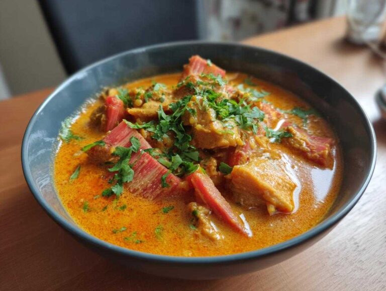 A close-up of a rich, orange Rhubarb-Lentil Curry served in a dark bowl, topped with fresh parsley.