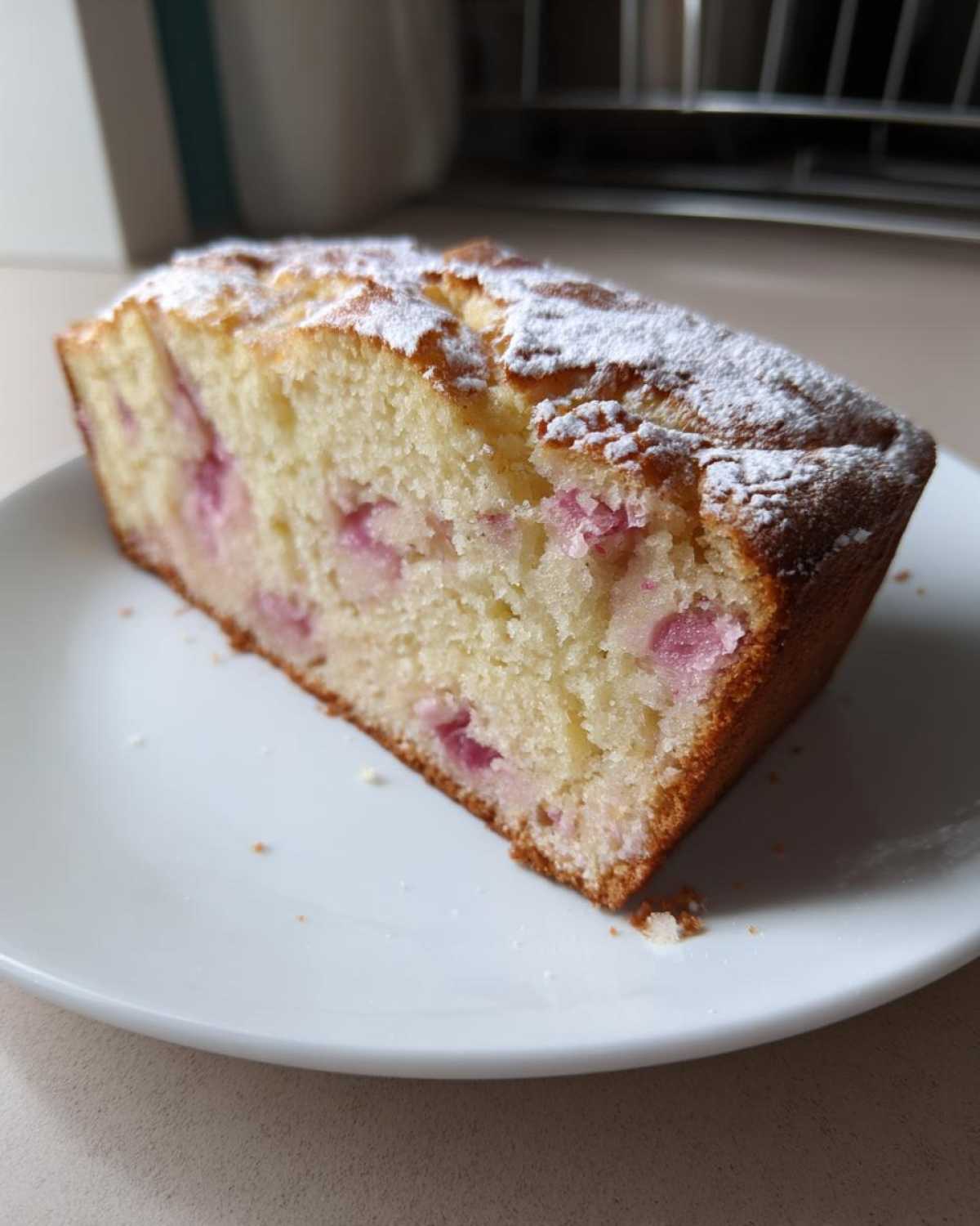 A close-up of a slice of Rhubarb and Marzipan Citrus Cake, showing pink rhubarb pieces in the light yellow crumb, dusted with powdered sugar.