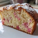Close-up of a moist slice of Rhubarb and Marzipan Citrus Cake studded with pink rhubarb pieces, topped with powdered sugar.
