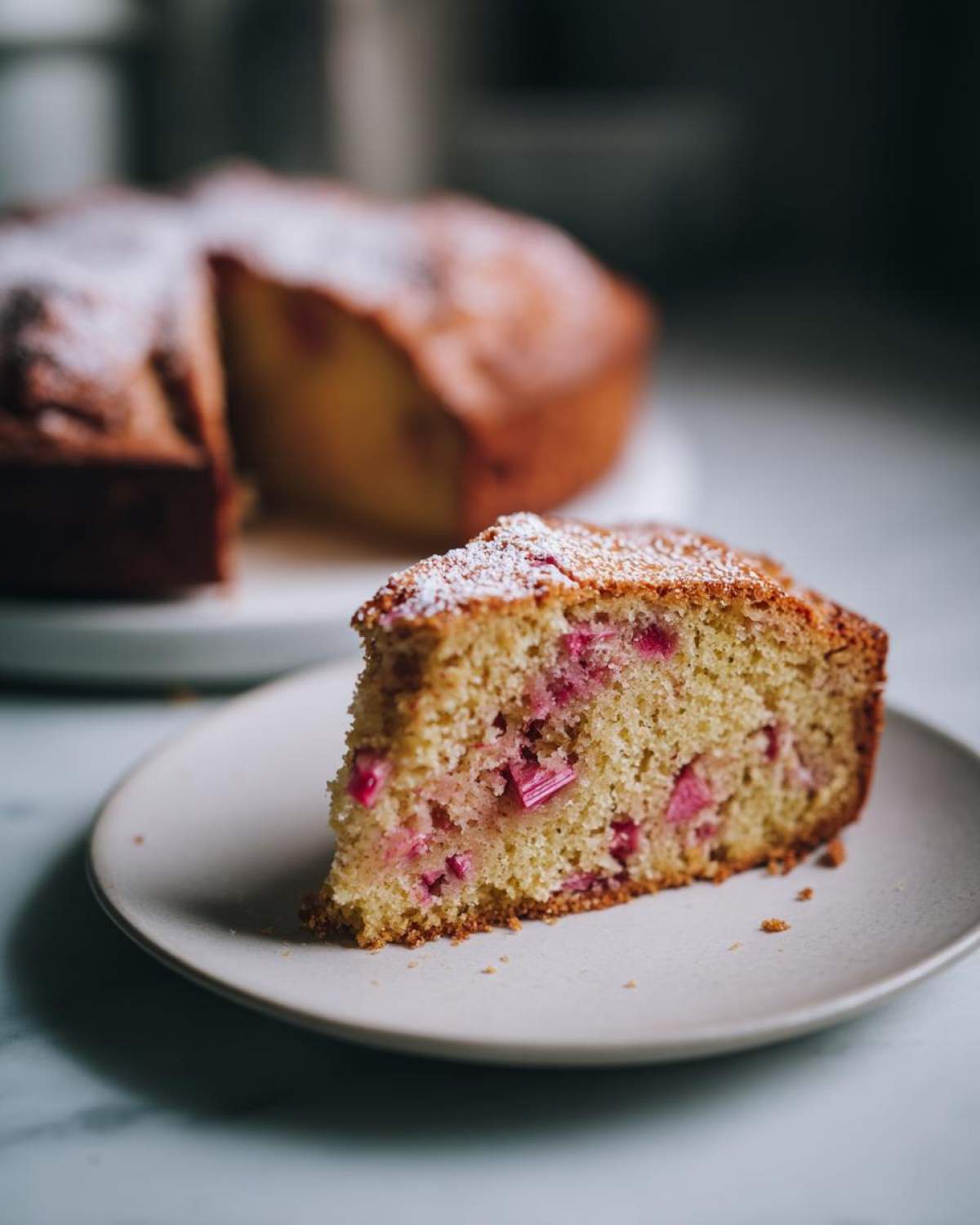 A close-up slice of Rhubarb and Marzipan Citrus Cake, showing pink rhubarb pieces baked into the crumb, dusted with powdered sugar.