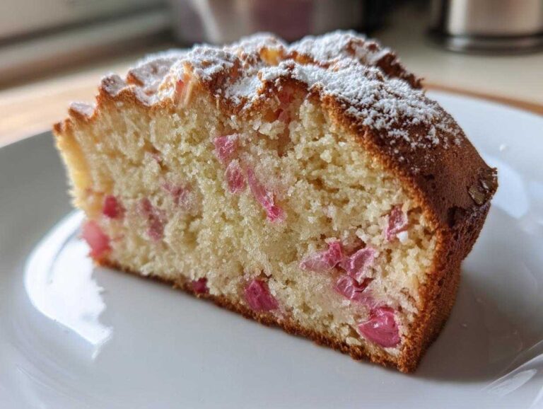 Close-up of a moist slice of Rhubarb and Marzipan Citrus Cake studded with pink rhubarb pieces, topped with powdered sugar.