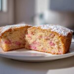 Two slices of moist Rhubarb and Marzipan Citrus Cake dusted with powdered sugar on a white plate.