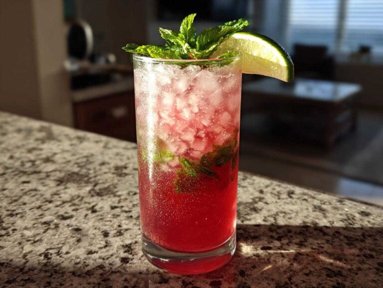 A tall glass of bright pink Rhubarb Mojito with fresh mint and a lime wedge garnish, sitting on a granite counter.