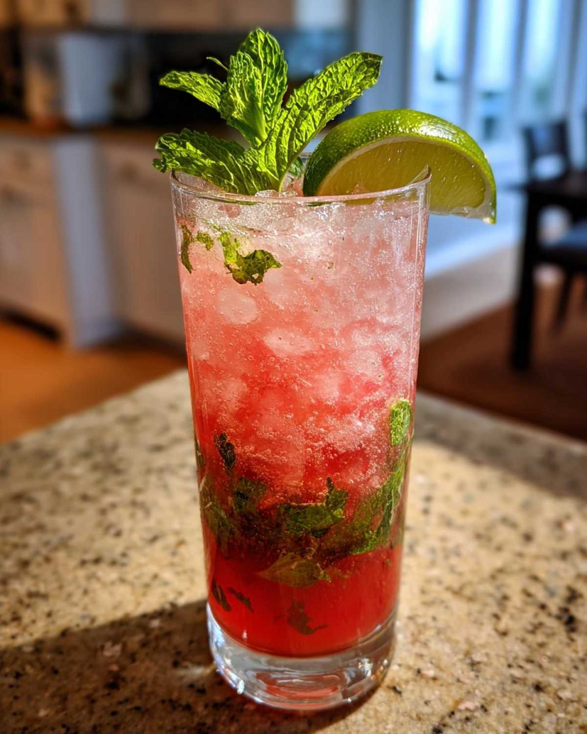 A tall glass containing a vibrant pink Rhubarb Mojito with fresh mint and a lime wedge garnish.