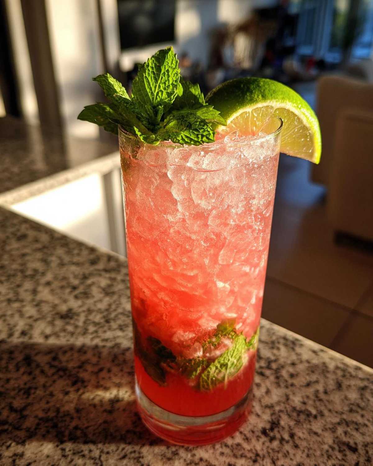 A tall glass filled with a bright pink Rhubarb Mojito with Fresh Mint and Lime, crushed ice, and mint leaves.