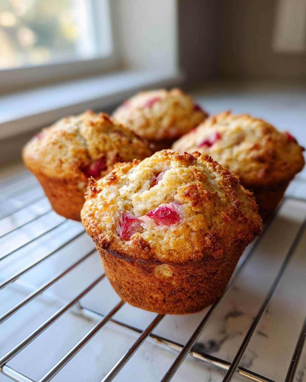 Four golden-brown Rhubarb Muffins with Greek Yogurt cooling on a wire rack near a bright window.