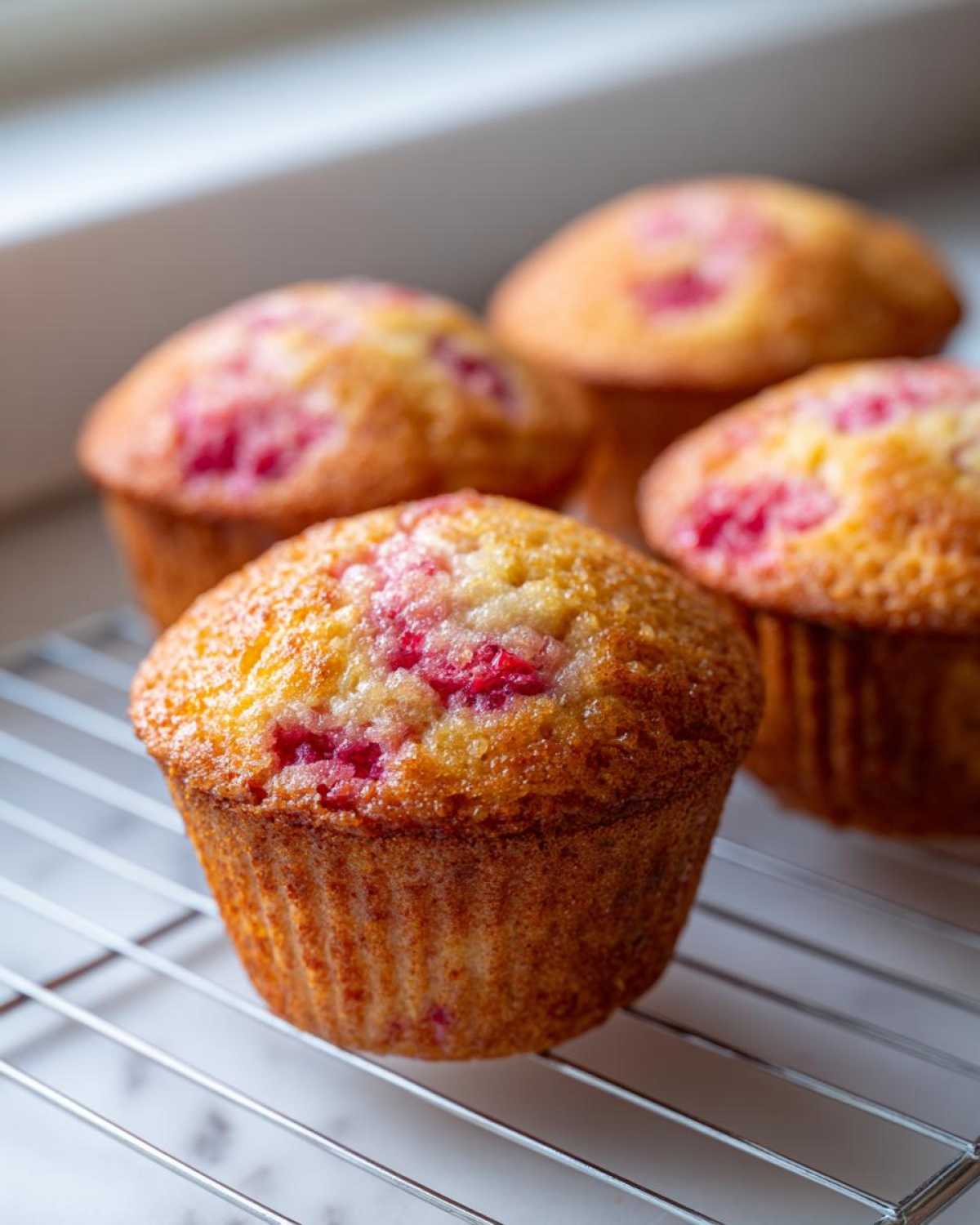 Close-up of freshly baked Rhubarb Muffins with Greek Yogurt cooling on a wire rack.