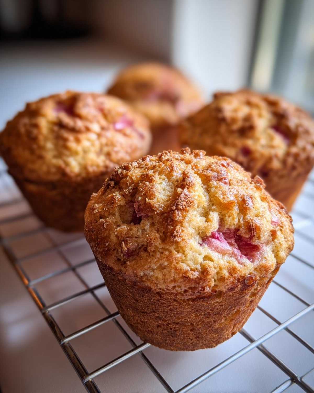 A close-up of a freshly baked Rhubarb Muffins with Greek Yogurt topped with a crumbly streusel, resting on a cooling rack.
