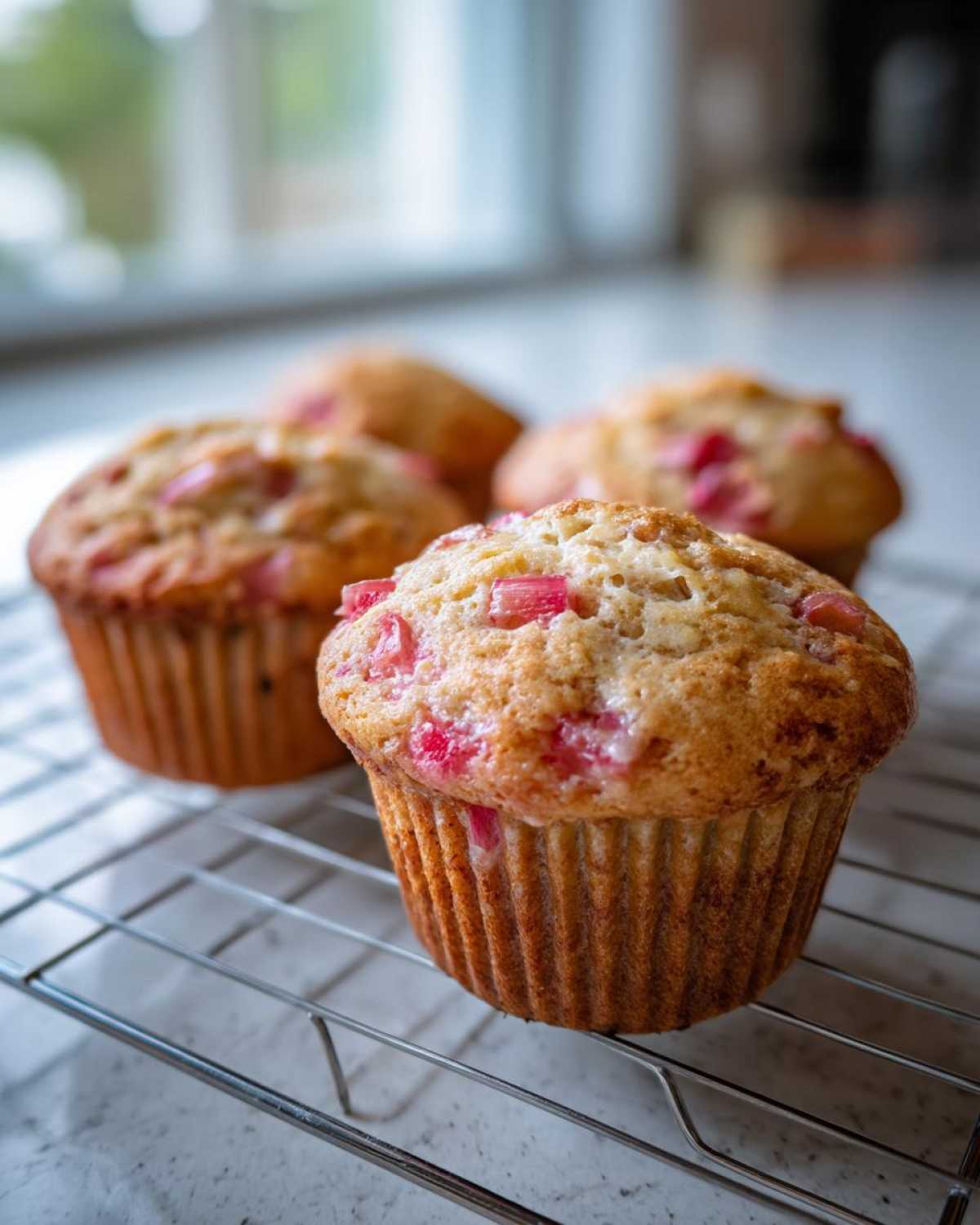 Close-up of fresh Rhubarb Muffins with Greek Yogurt cooling on a wire rack, showing visible pink rhubarb pieces.