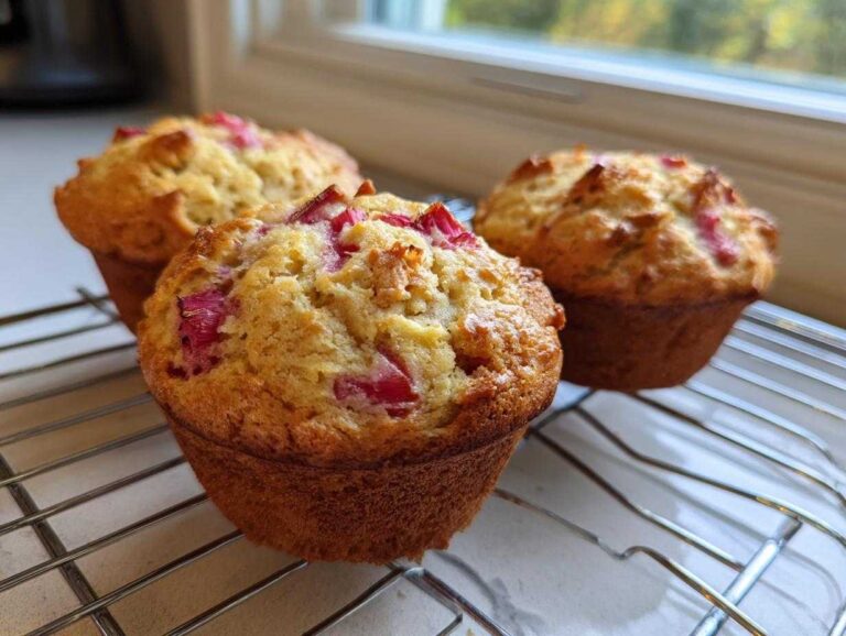 Three golden-brown Rhubarb Muffins with Greek Yogurt cooling on a wire rack near a window.