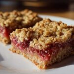 Two squares of golden Rhubarb Oat Bars showing a thick, gooey rhubarb filling and crumbly oat topping.