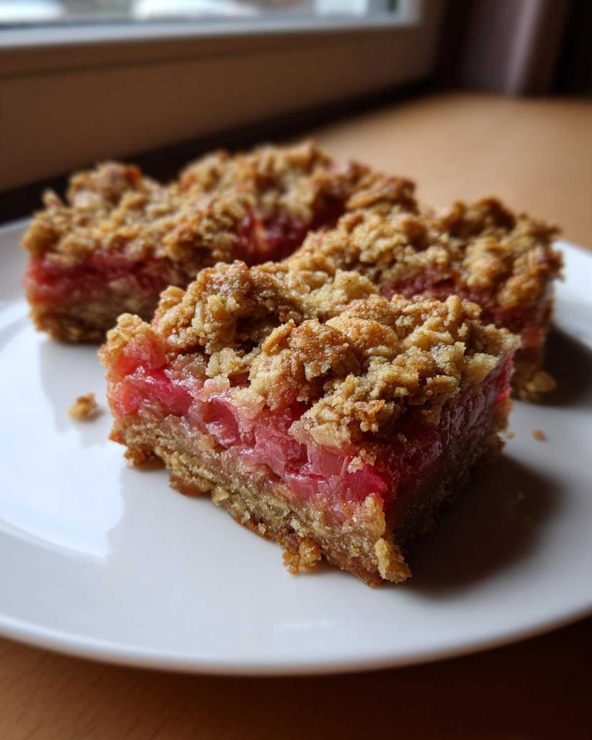 Three squares of homemade Rhubarb Oat Bars featuring a bright red filling and crumbly oat topping, served on a white plate.
