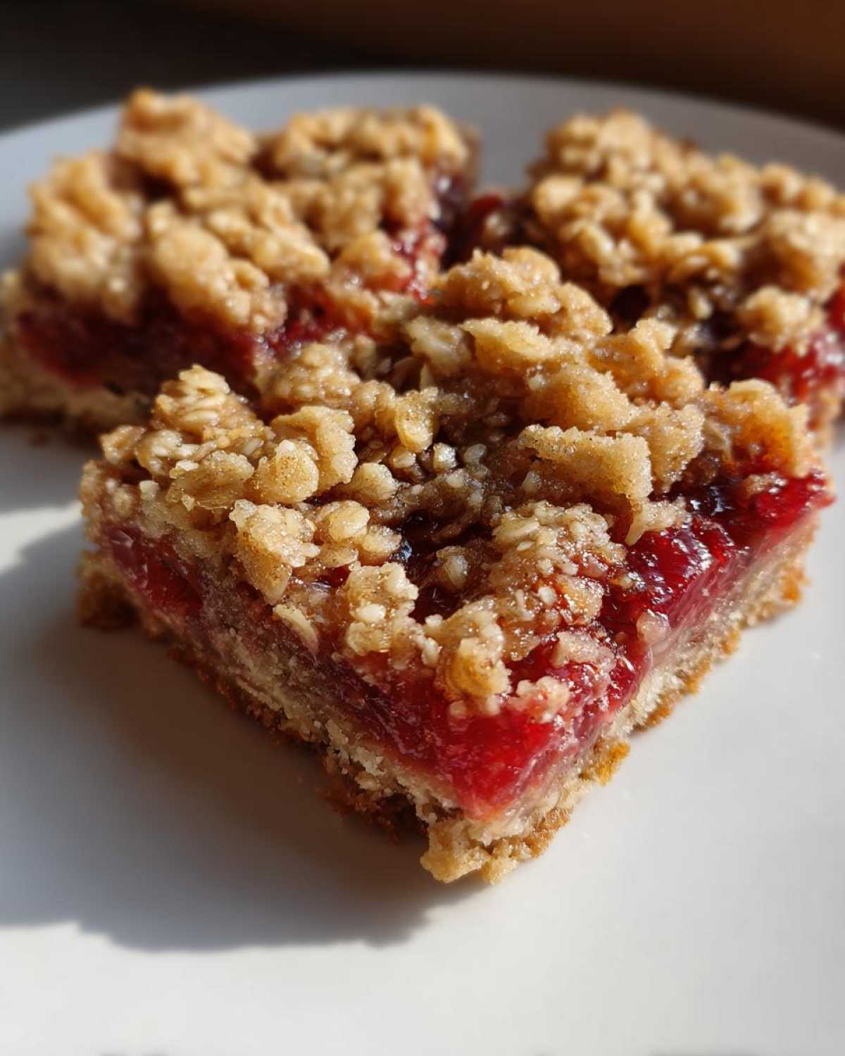 Three squares of homemade Rhubarb Oat Bars featuring a bright red filling and crumbly oat topping, served on a white plate.