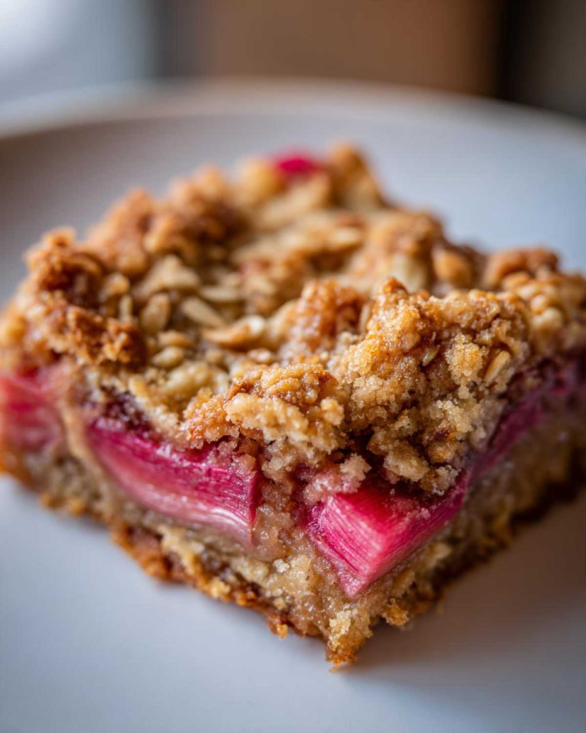 A close-up, macro shot of a single square of Rhubarb Oat Bars showing bright pink rhubarb filling and a crumbly oat topping.