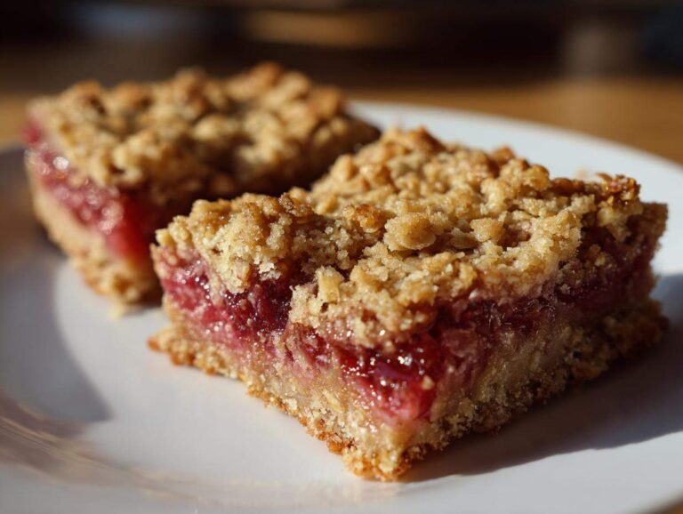 Two squares of golden Rhubarb Oat Bars showing a thick, gooey rhubarb filling and crumbly oat topping.