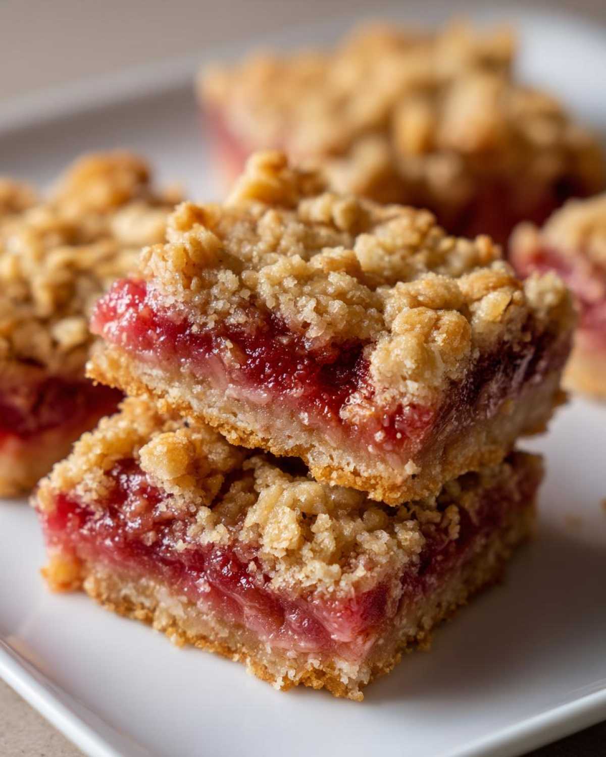 Two stacked squares of delicious Rhubarb Oat Bars showing a thick, bright red rhubarb filling and golden oat crumble topping.