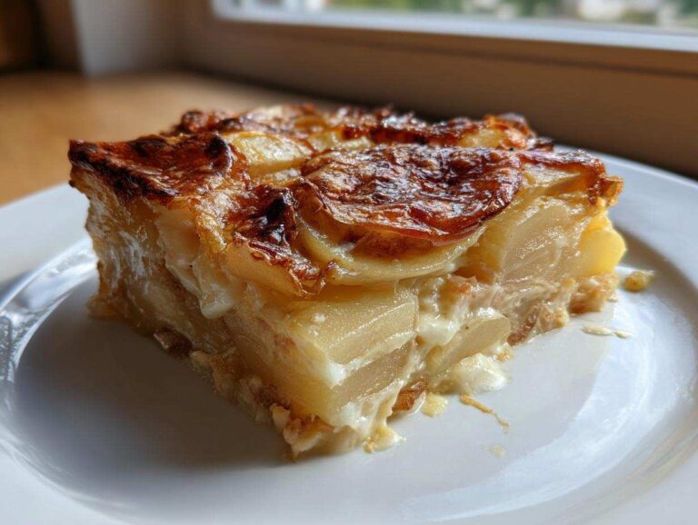 A close-up of a thick slice of savory Rhubarb-Potato Gratin with Gruyère showing layered potatoes and a browned, cheesy top.
