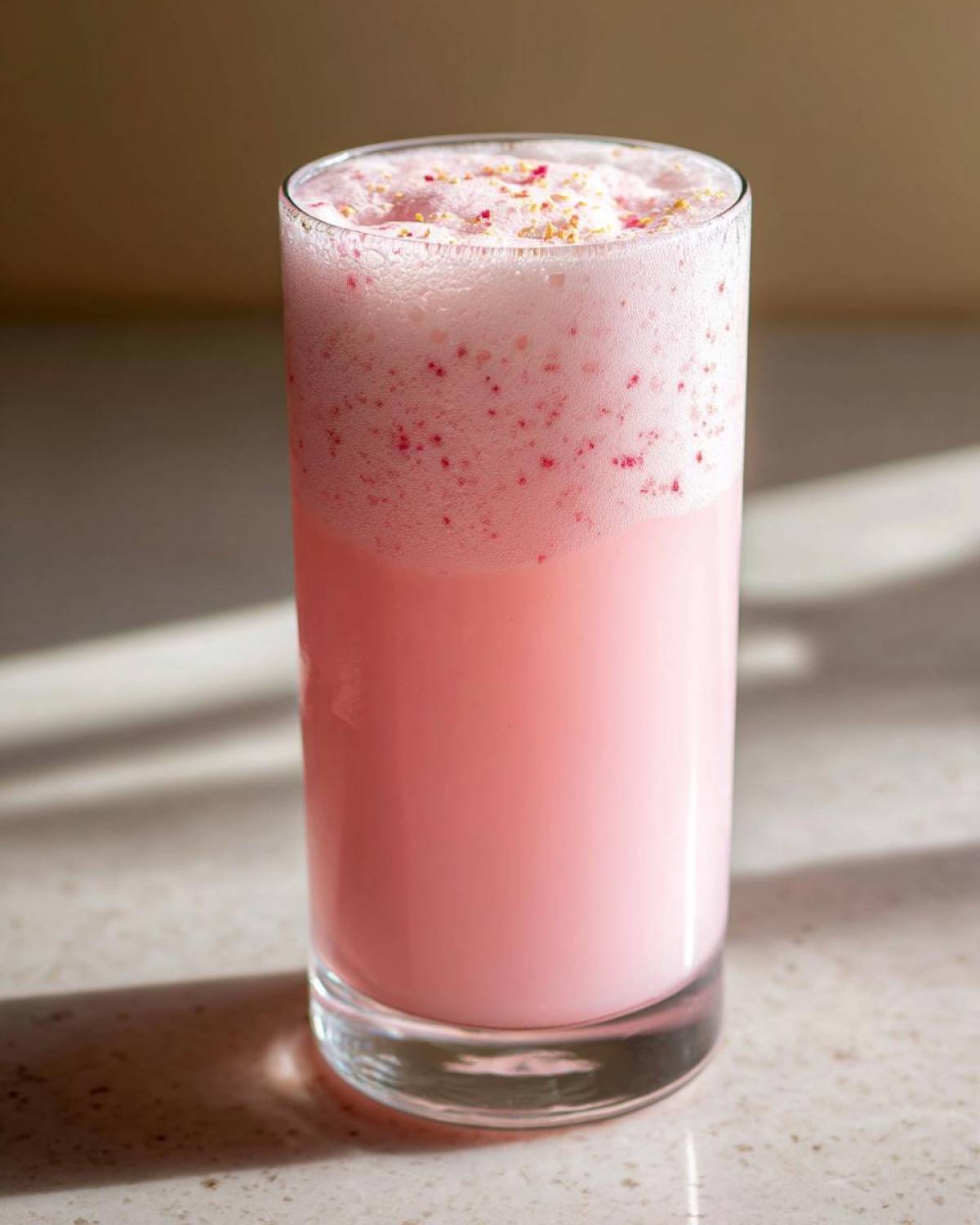 A tall glass filled with a pink Rhubarb Rose Ramos Gin Fizz, topped with thick foam and pink/gold sprinkles.