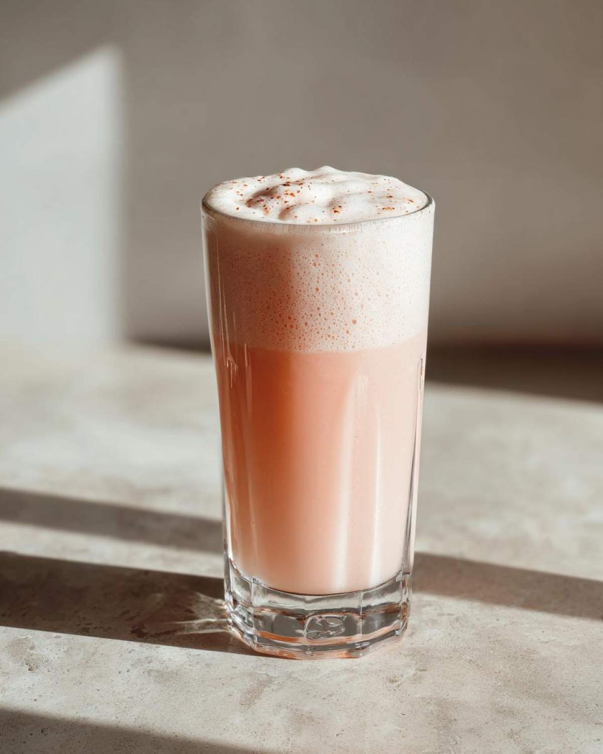 A tall glass filled with a pink Rhubarb Rose Ramos Gin Fizz cocktail topped with thick, white foam dusted with spice.
