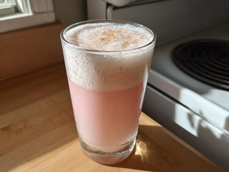 A tall glass of pink Rhubarb Rose Ramos Gin Fizz topped with thick white foam and a sprinkle of spice.