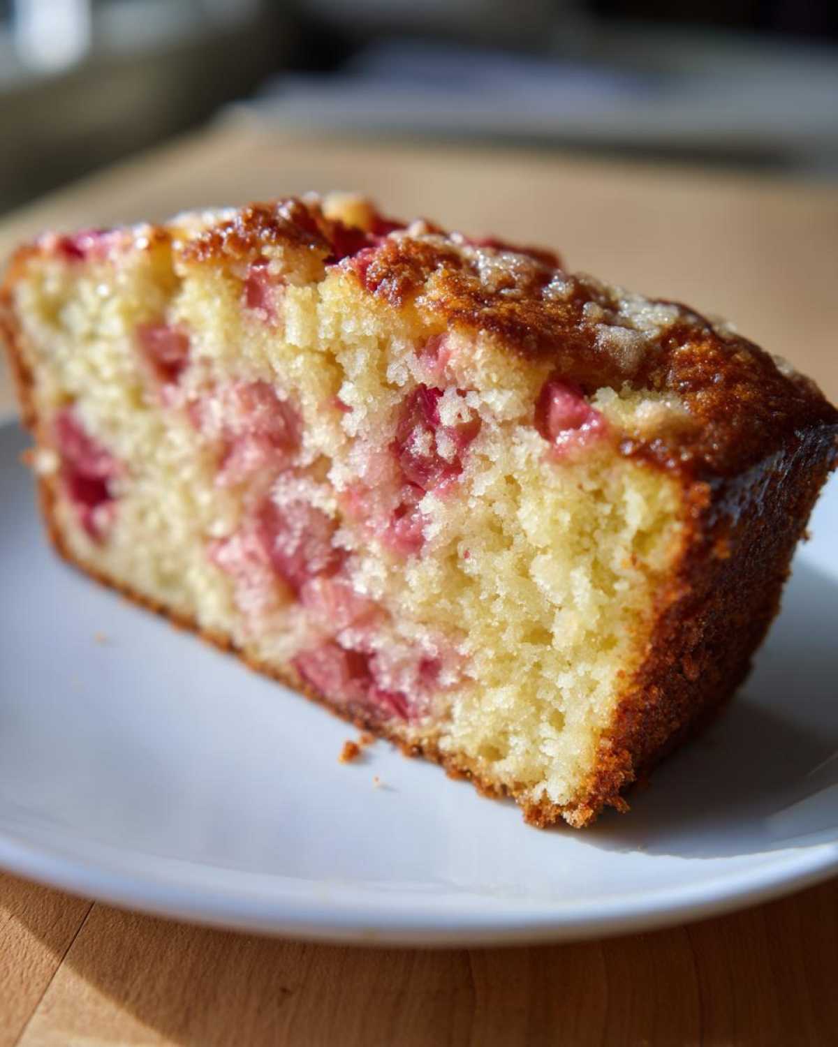 Close-up of a moist slice of Rhubarb Sour Cream Cake with Nutmeg showing tender crumb and pink rhubarb pieces.
