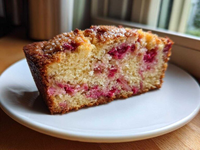 Close-up of a moist slice of Rhubarb Sour Cream Cake with Nutmeg, showing pink rhubarb pieces throughout the crumb.