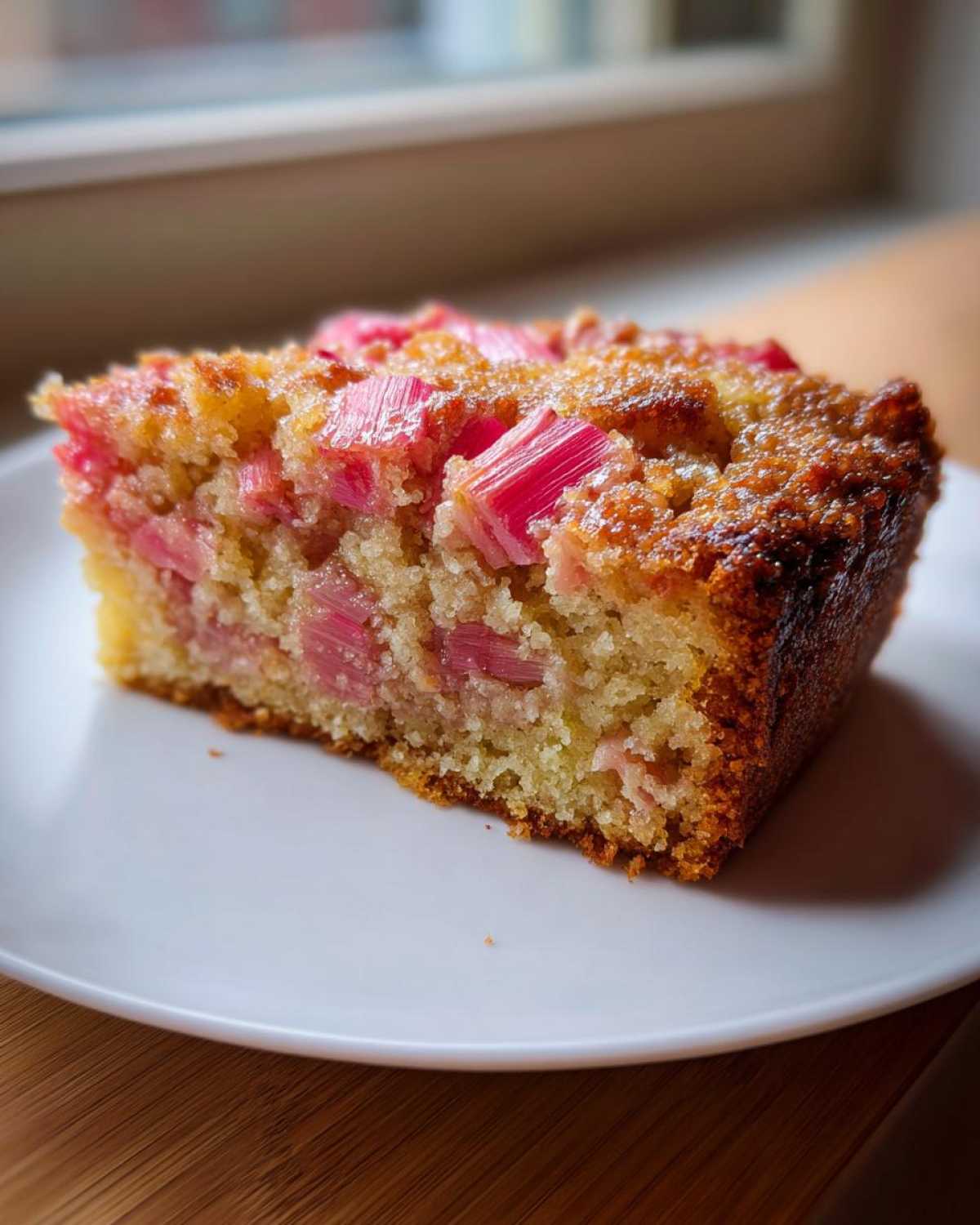 A close-up of a moist slice of Rhubarb Sour Cream Cake with Nutmeg, featuring bright pink rhubarb pieces baked into the golden crumb.