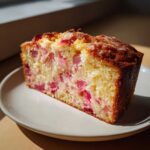 A close-up slice of moist Rhubarb Sour Cream Cake with visible pink rhubarb pieces and a sugary crust.