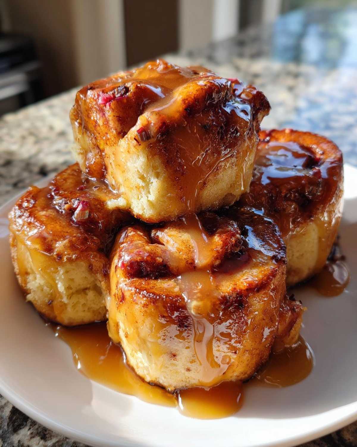 A stack of four gooey Rhubarb Sticky Buns with Cardamom generously drizzled with caramel sauce on a white plate.