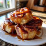 A stack of four gooey Rhubarb Sticky Buns with Cardamom, drenched in a thick caramel glaze.