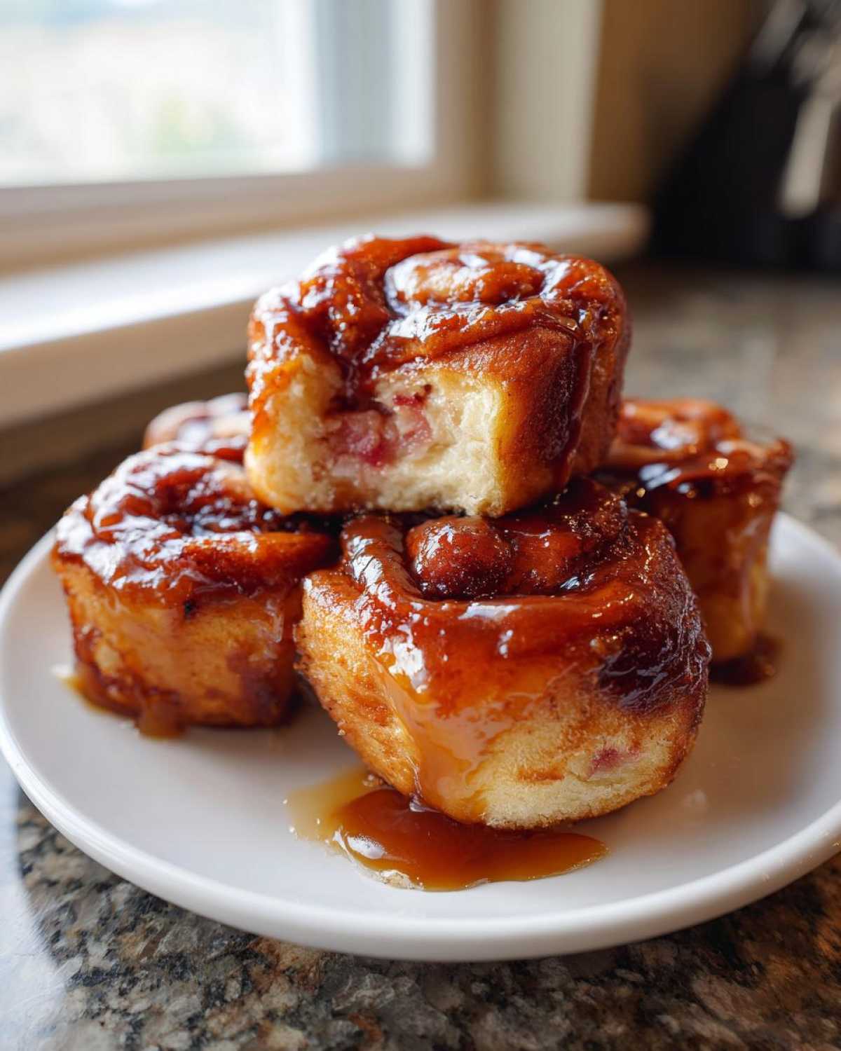 A stack of gooey Rhubarb Sticky Buns with Cardamom, covered in a rich caramel glaze, served on a white plate.