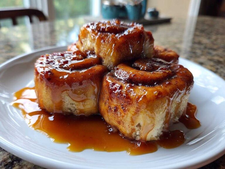 Four gooey Rhubarb Sticky Buns with Cardamom stacked on a white plate, dripping with rich caramel glaze.