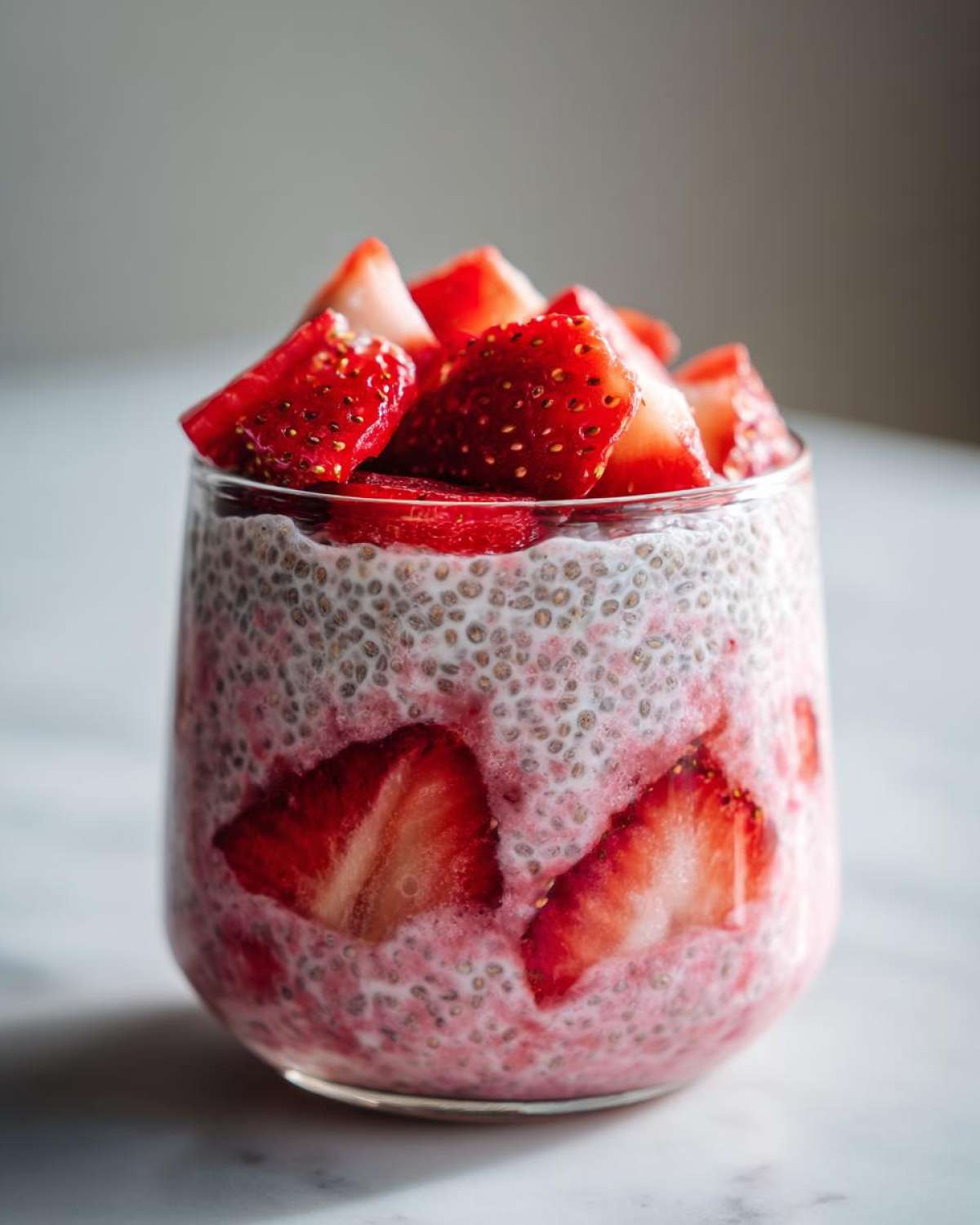A glass filled with layered Rhubarb Strawberry Chia Pudding, topped with fresh strawberry pieces.