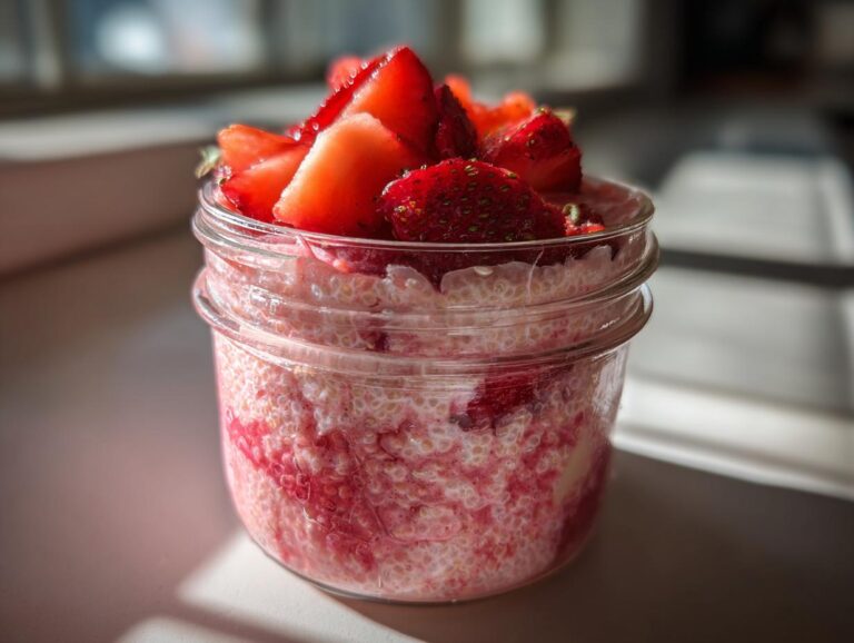 Close-up of Rhubarb Strawberry Chia Pudding layered with fruit puree and topped with fresh sliced strawberries in a mason jar.