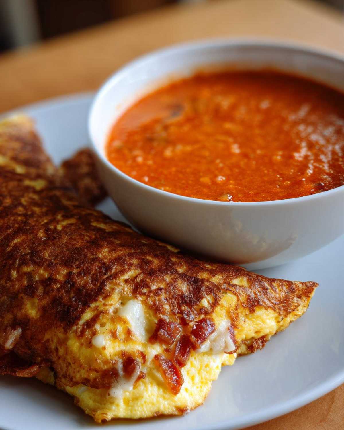 A close-up of a perfectly cooked bacon omelet served alongside a bowl of bright orange Rhubarb and Tomato Soup with Bacon Omelet.