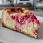 A close-up of a creamy slice of Rhubarb and White Chocolate Cheesecake on a white plate.