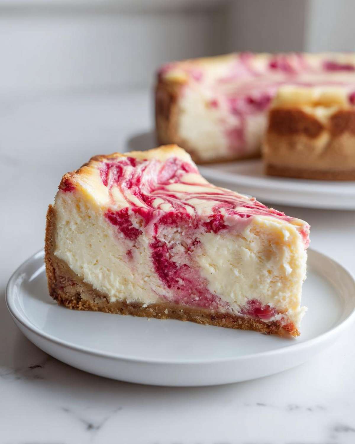 A perfect slice of Rhubarb and White Chocolate Cheesecake with a vibrant pink swirl on a white plate.