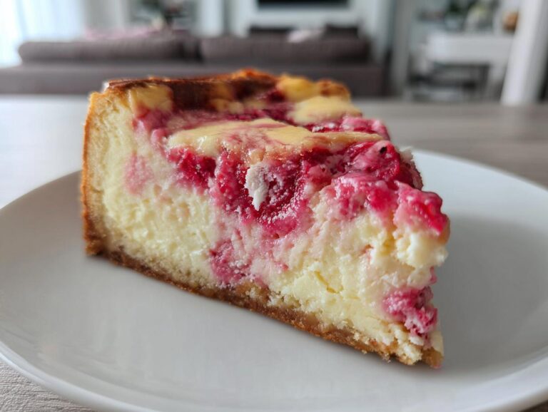 A close-up of a creamy slice of Rhubarb and White Chocolate Cheesecake on a white plate.