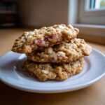 A stack of three chewy Rhubarb White Chocolate Oatmeal Cookies on a white plate, one cookie broken open.