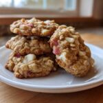 A stack of freshly baked Rhubarb White Chocolate Oatmeal Cookies featuring visible chunks of white chocolate and pink rhubarb pieces.