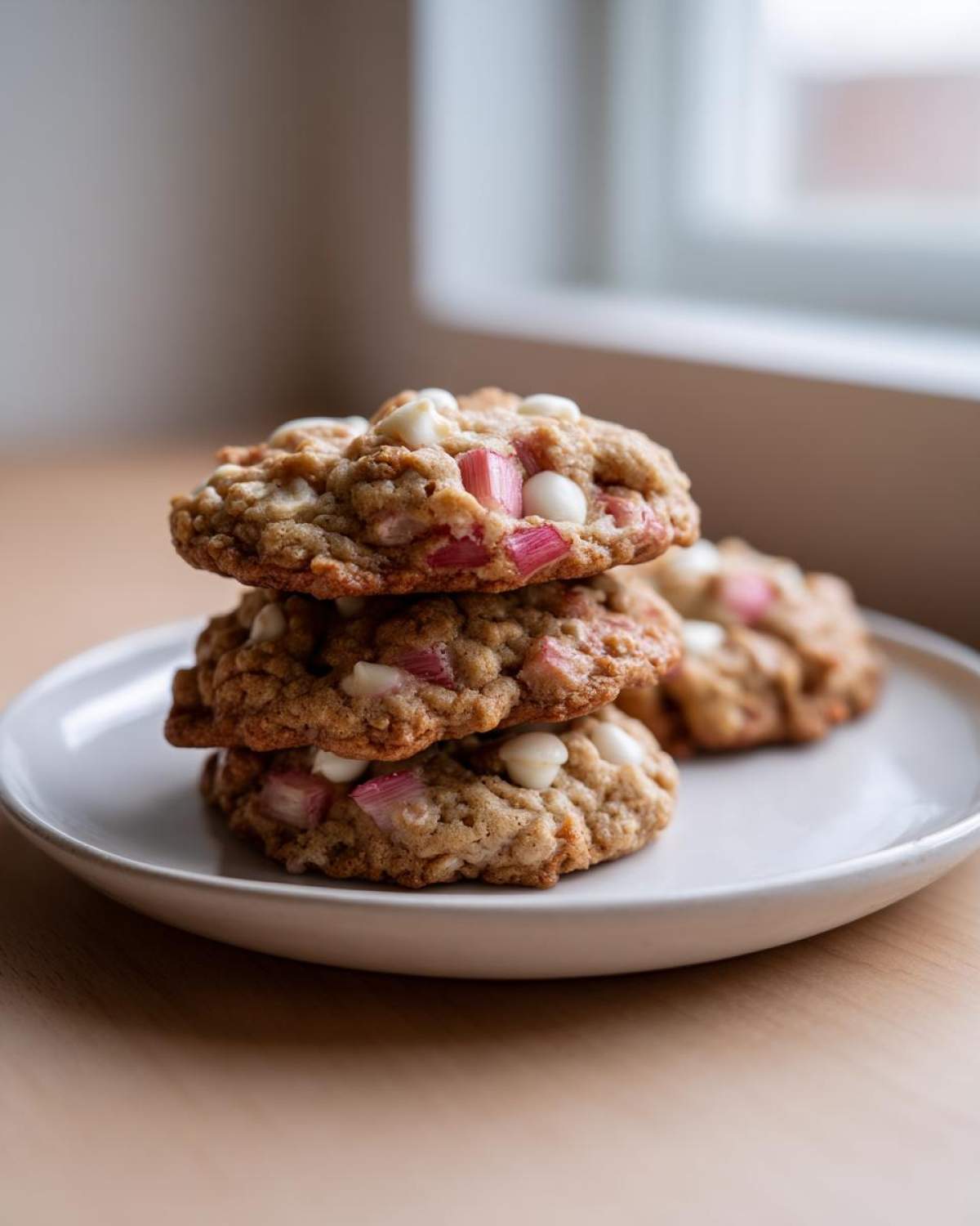A stack of three freshly baked Rhubarb White Chocolate Oatmeal Cookies on a white plate.