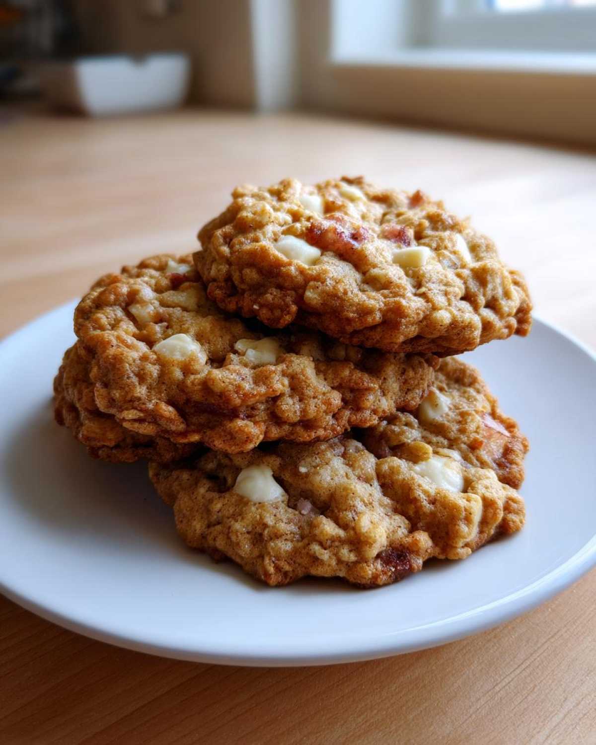 Three freshly baked Rhubarb White Chocolate Oatmeal Cookies stacked on a white plate.