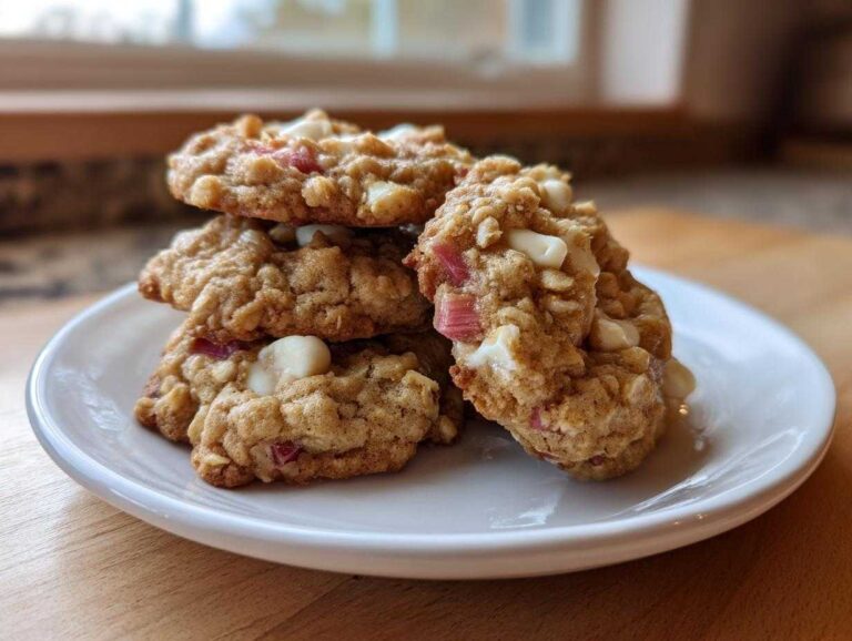 A stack of freshly baked Rhubarb White Chocolate Oatmeal Cookies featuring visible chunks of white chocolate and pink rhubarb pieces.
