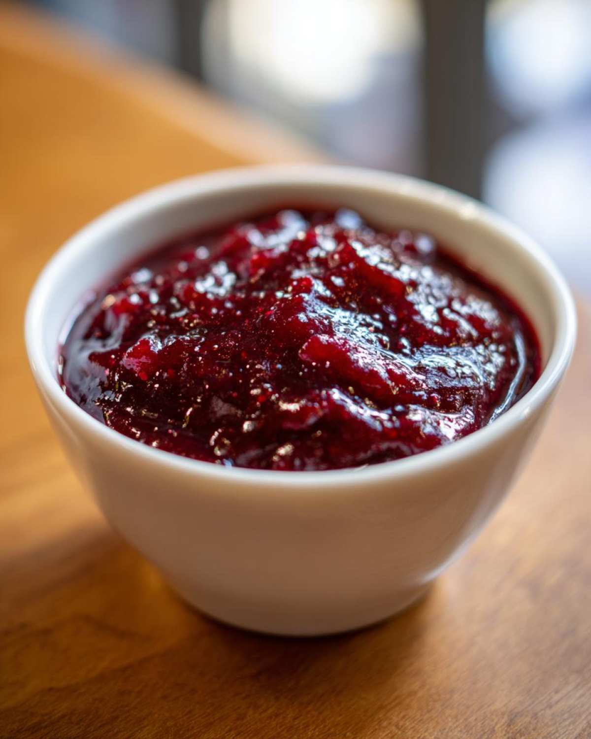 Close-up of a small white bowl filled with thick, dark red Rhubarb-Wine BBQ Sauce.