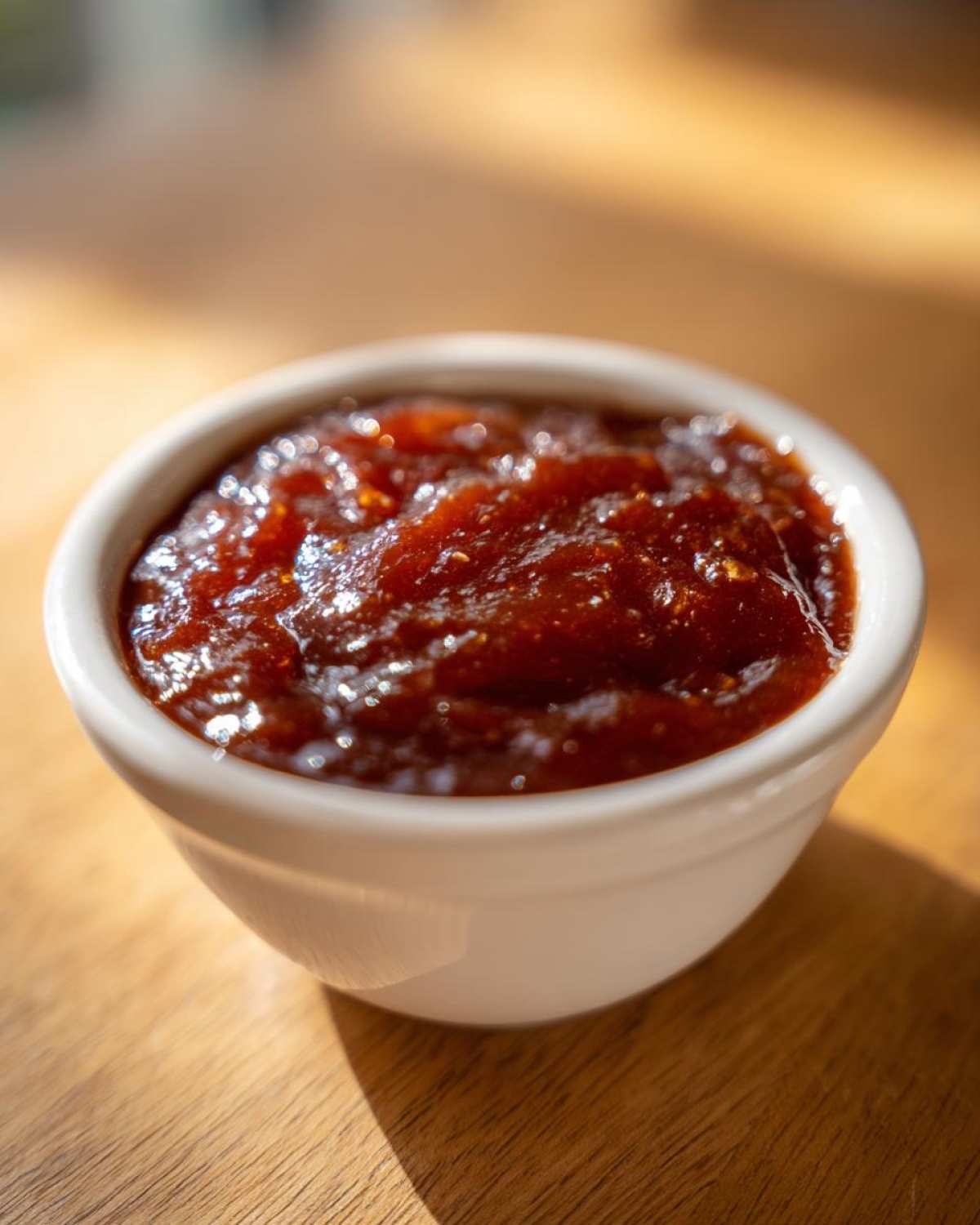 Close-up of thick, dark red Rhubarb-Wine BBQ Sauce served in a small white dipping bowl on a wooden surface.