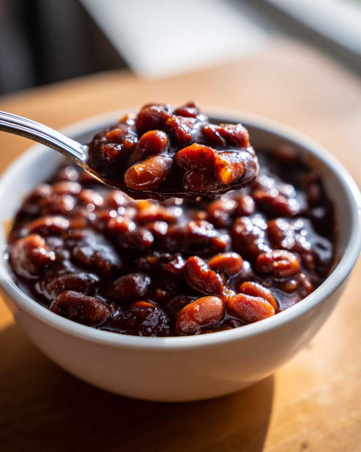 A spoonful of rich, dark, saucy Baked Beans: The Best Baked Beans Ever being lifted from a white bowl.