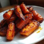Close-up of perfectly caramelized Roast Honey Garlic Butter Carrots piled on a white plate.