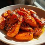 Close-up of glazed Roast Honey Garlic Butter Carrots, shiny and caramelized, served in a white bowl.
