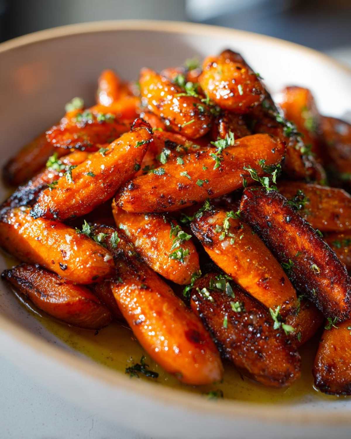 Close-up of perfectly caramelized Roast Honey Garlic Butter Carrots, glistening with glaze and sprinkled with fresh herbs.