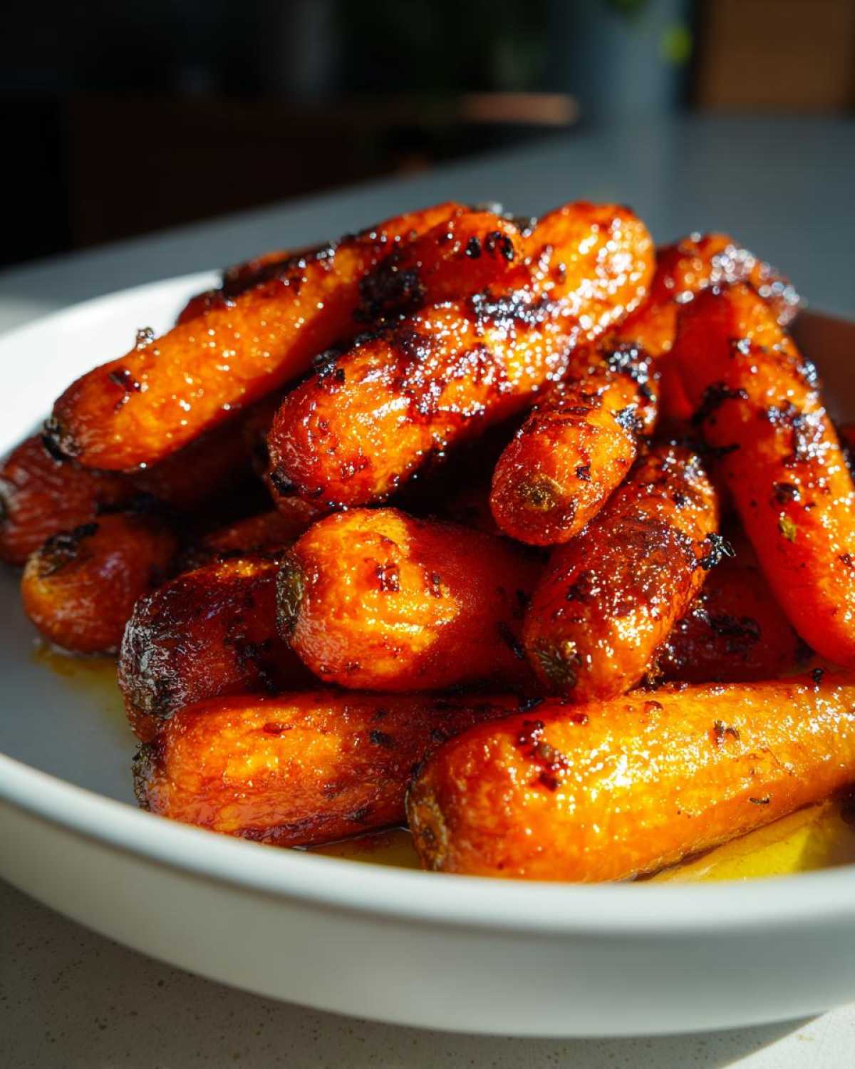 Close-up of perfectly glazed Roast Honey Garlic Butter Carrots piled high in a white serving dish.